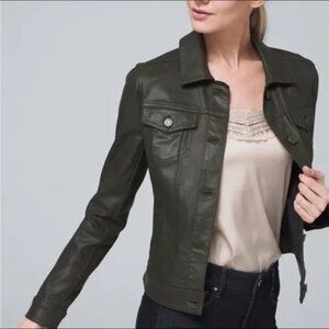 White House Black Market Army Green Coated Jean Jacket Faux Leather Jacket 00